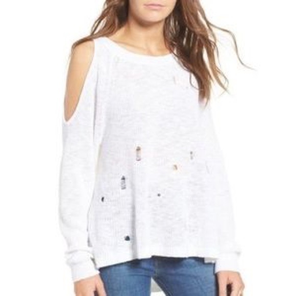 bp Sweaters - BP White Distressed Knit Off The Shoulder Sweater